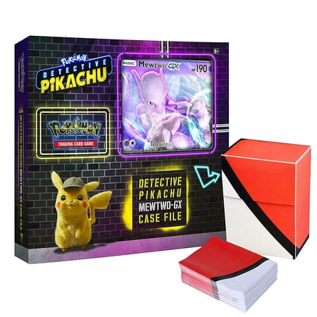 Pokemon TCG: Detective Pikachu Mewtwo-Gx Case File + 6 Booster Pack + A Foil Promo Gx Card + A Oversize Gx Foil Card + 1 Pokeball Themed Deck Box with matching 100