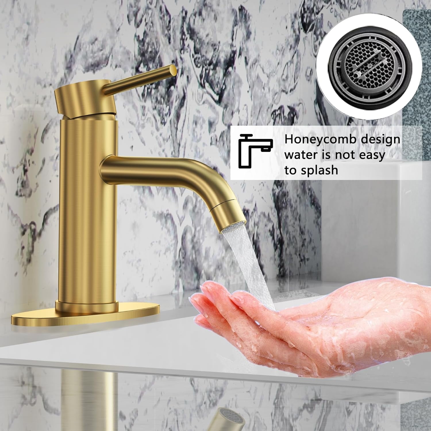 Brushed Gold Bathroom Faucet Modern Single Handle Bathroom Sink Faucet Single Hole Lavatory Vanity Faucet with Pop-up Drain and Water Supply Lines
