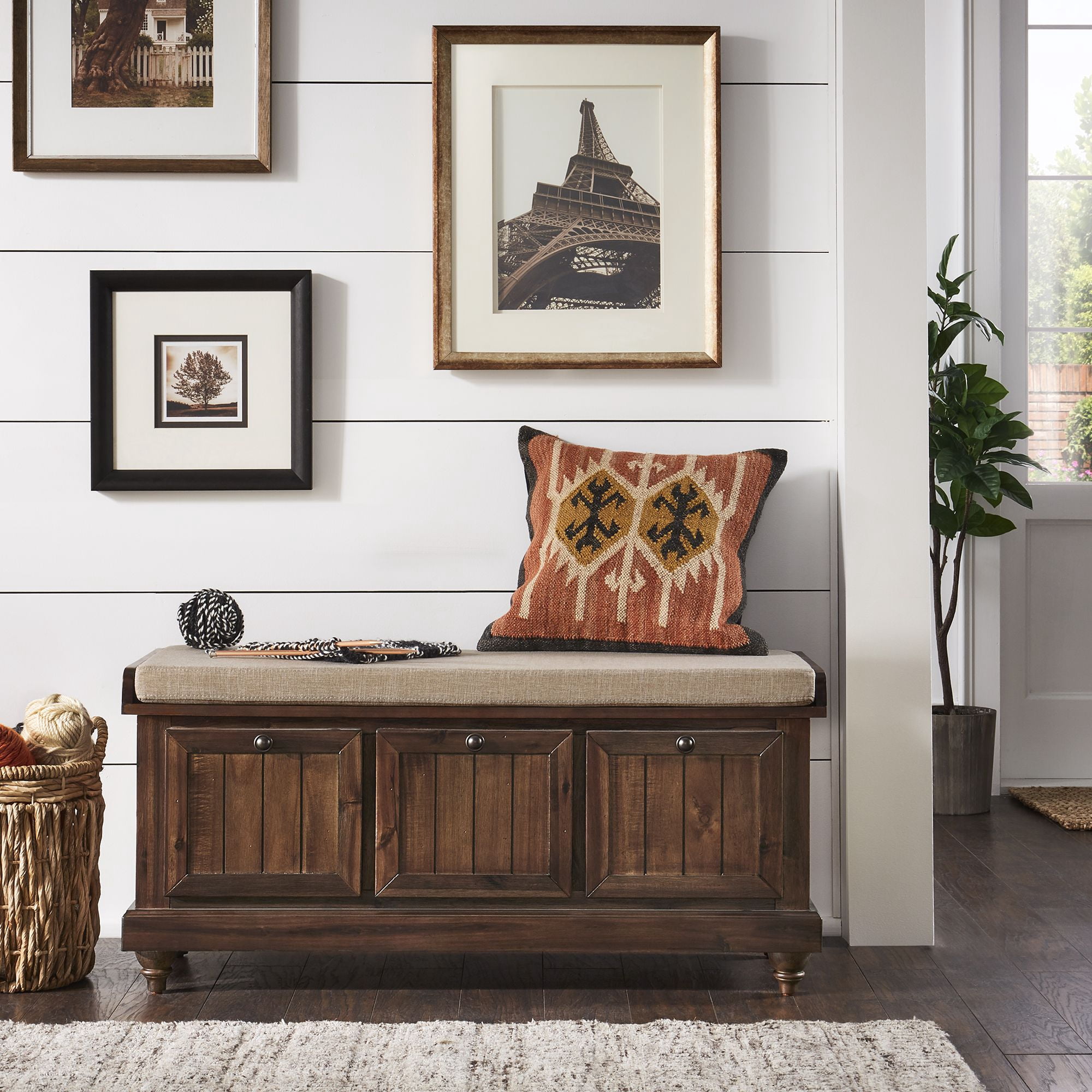 Weston Home Marin Storage Bench with Linen Seat Cushion, Antique Brown Finish