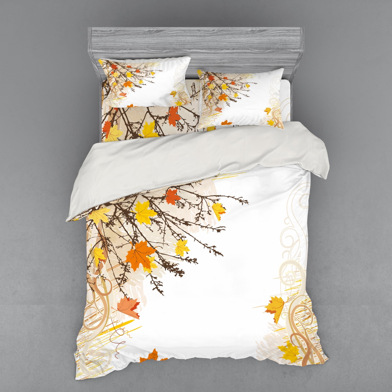 Nature Duvet Cover Set, Autumn Maple Leaves Branches in Fall Earthen