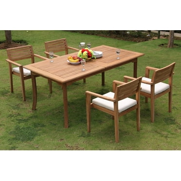 Teak Dining Set: 4 Seater 5 Pc: 94" Rectangle Table & 4 Montana Stacking Captain/Arm Chairs Outdoor Patio Grade-A Teak Wood WholesaleTeak #WMDSMTt