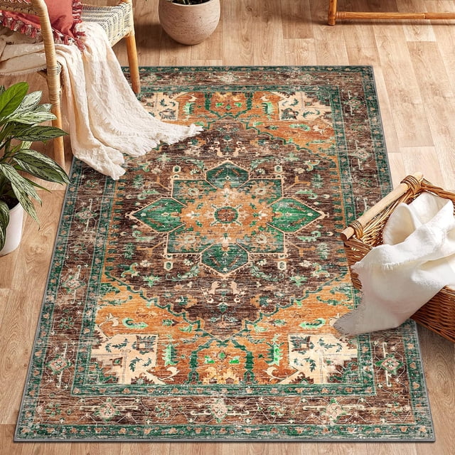 Washable Runner Rug x Boho Vintage Hallway Rug Runner with Rubber Backing Stain Low Pile Faux Wool Distressed Carpet Runner for Bedroom Kitchen Laundry Entrance