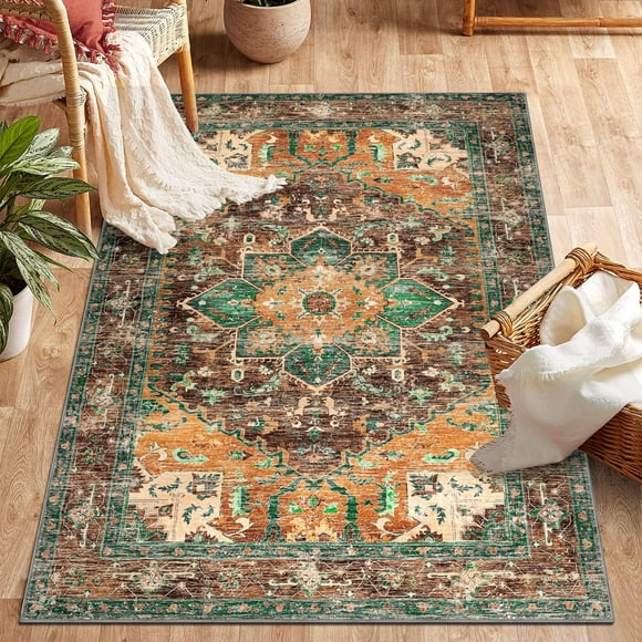 ABDFHE-Washable Area Rug for Bedroom, 3x5 Non-Slip Boho Vintage Living Room Rug with Rubber Backing, Low Pile Faux Wool Soft Distressed Rug Floor Carpet for Living Room, Laundry, Kid Playroom