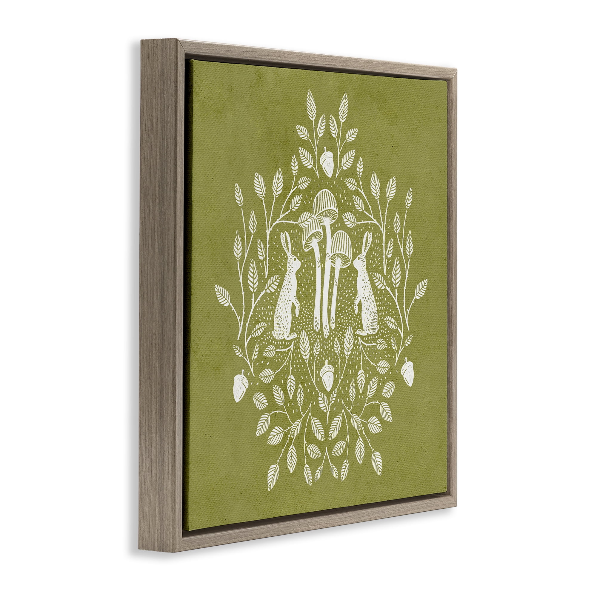 Stupell Industries Olive Green Botanical Rabbits Plants & Flowers Painting Brown Floater Framed Canvas Art Print Wall Art, 25 x 25