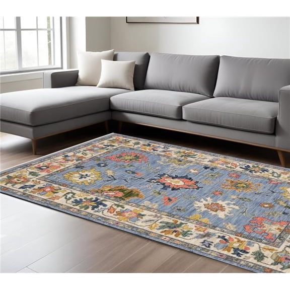 HomeRoots 576490 8 x 11 ft. Oriental Rectangle Area Rug with Fringe, Blue, Ivory & Yellow