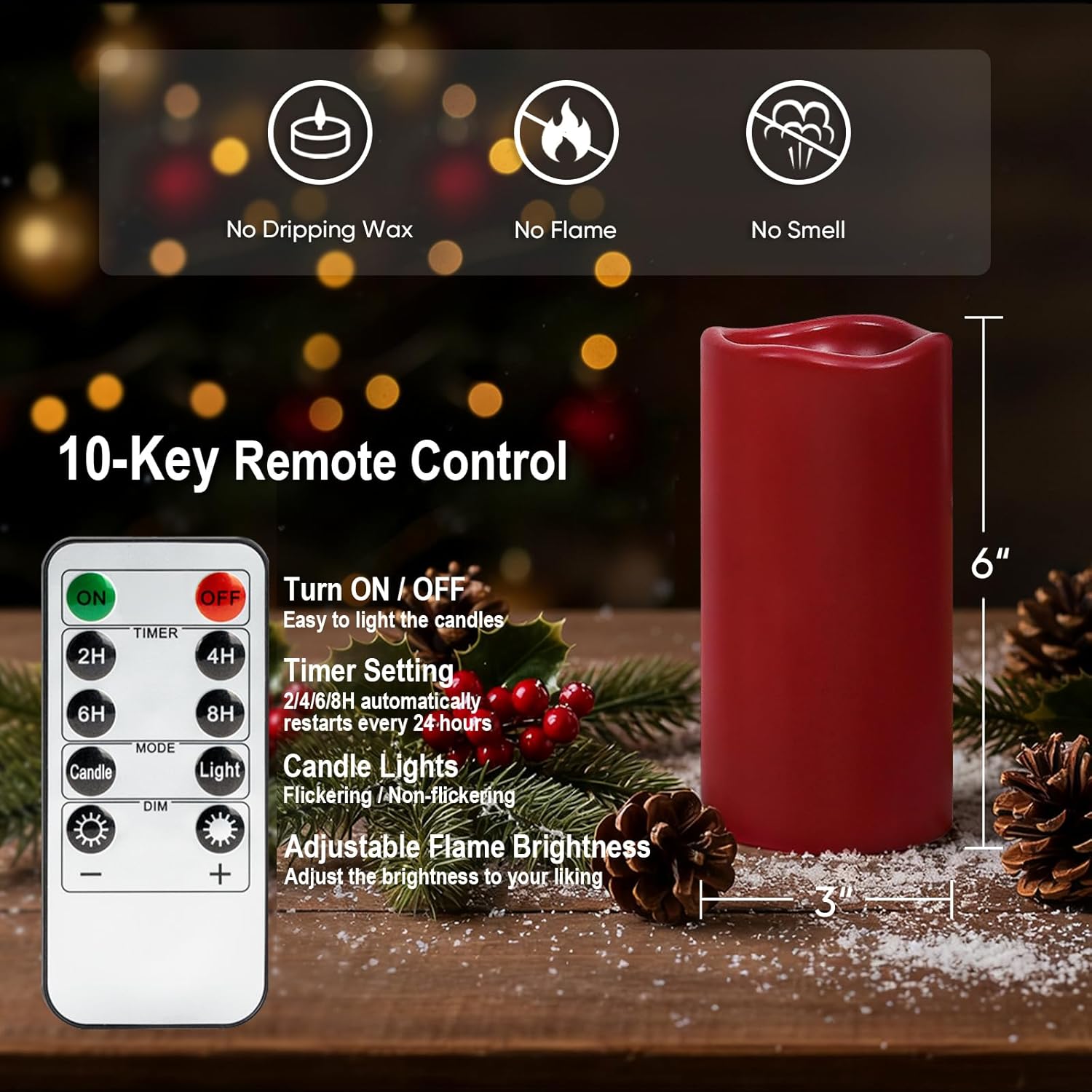 3"x6" Red Flameless Candles with Remote, Christmas Candles Battery Operated with Timer, Waterproof LED Pillar Candles for Thanksgiving Table, Home, Outdoor Decor, Plastic, Set of 6
