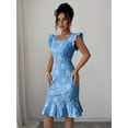 thumbnail image 3 of Elegant Jacquard Commuter Dress, Summer Floral Square Neck Knee-Length Dress for Women, 3 of 10