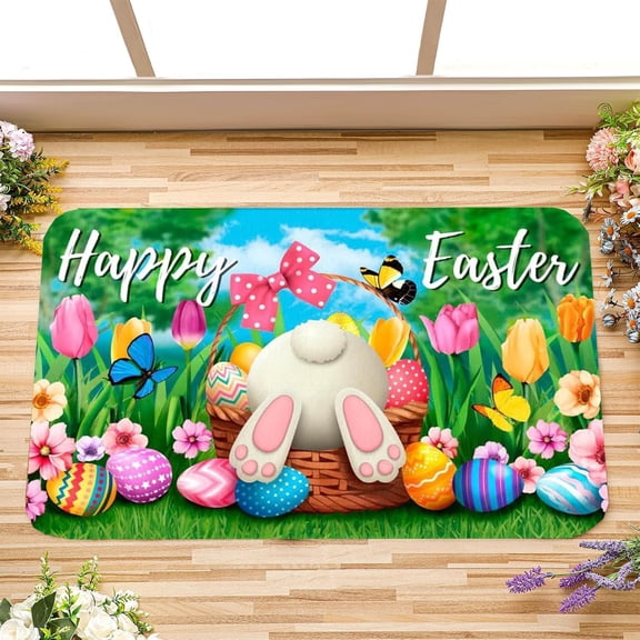 Happy Easter Decorative Door Mat Bunny Eggs Welcome Doormat for Indoor Outdoor, Spring Floor Mat Entryway Area Rug Non-Slip Washable for Porch Front Door Entrance 18x30 Inch
