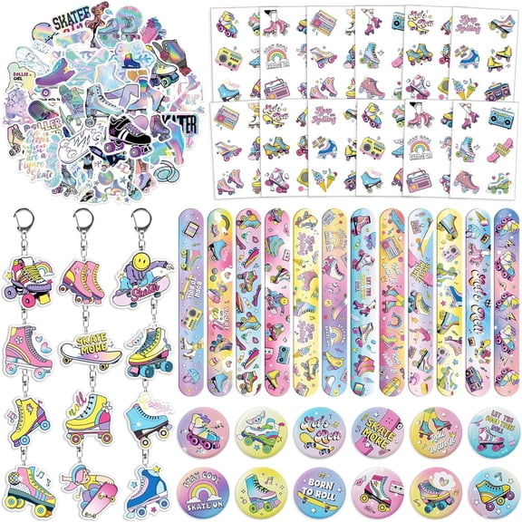 Roller Skate Party Favors for Kids - 98PCS Retro Skating Birthday Goodie Bag Set with Slap Bracelets, Tattoos, Keychains, Stickers & Pins Gifts for Girls & Boys