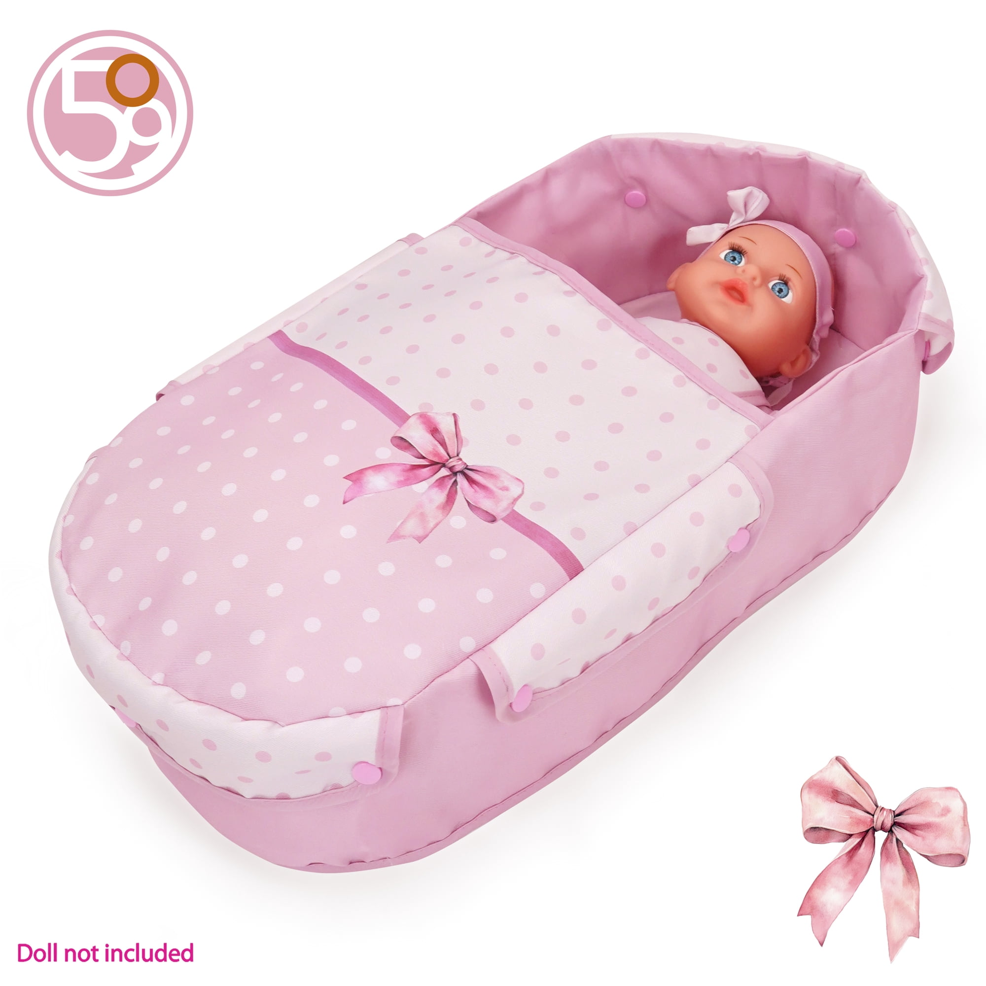 509 Crew: Bow Daisy Doll Pram - Pink & White, Handbag, Removable Bassinet, Canopy, Foam Handle, Push Stroller, Foldable, Doll Accessory Toy, Kids 3+