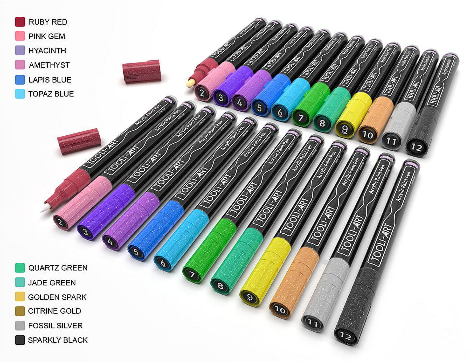 Tooli-Art Metallic Acrylic Paint Marker Pens Set, Fine Point, Assorted Colors, 24 Counts