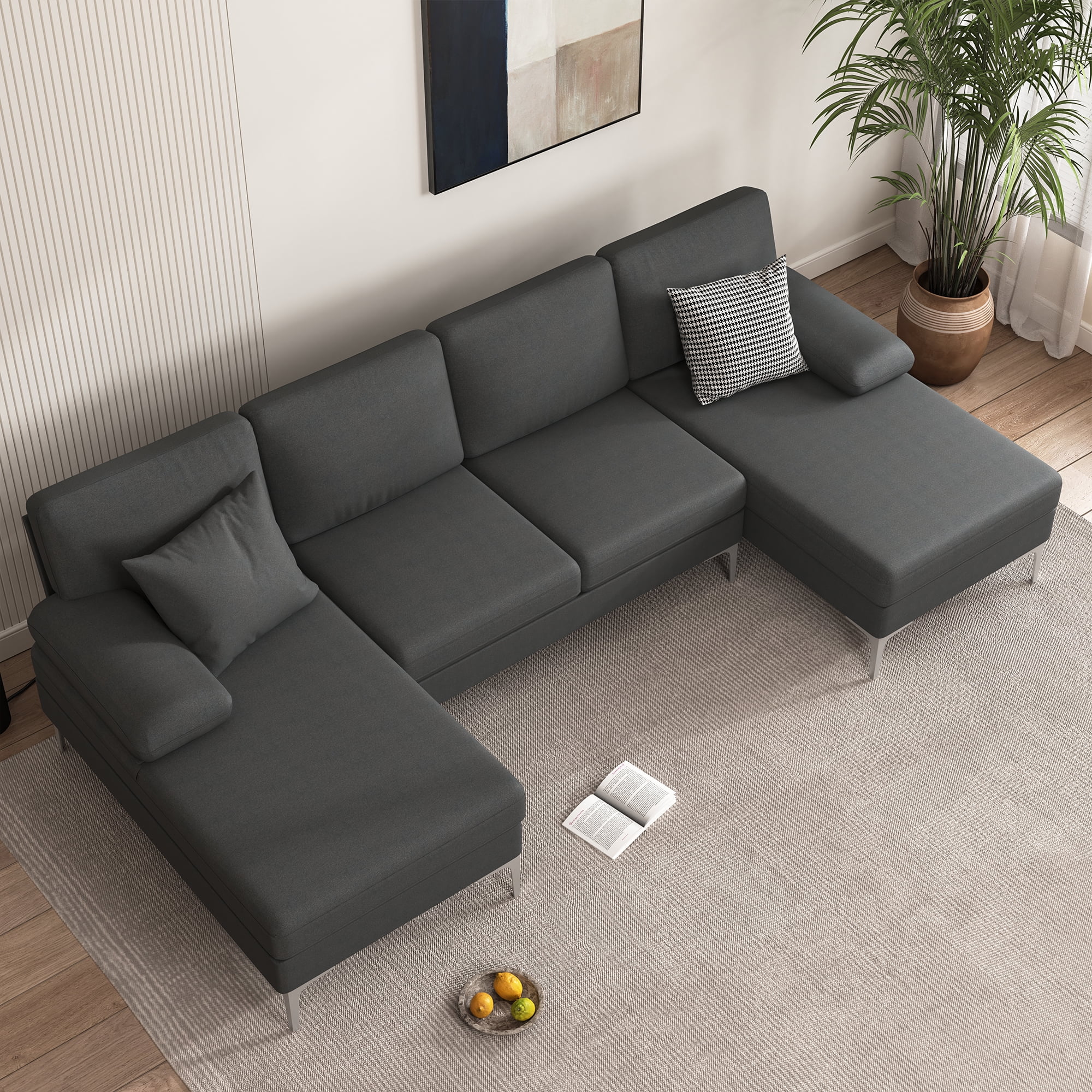 Kadyn U-Shaped Fabric with Two Imperial Concubine Iron Feet 4 Seats Indoor Modular Sofa, Sofa Couch for Living Room, Dark Gray