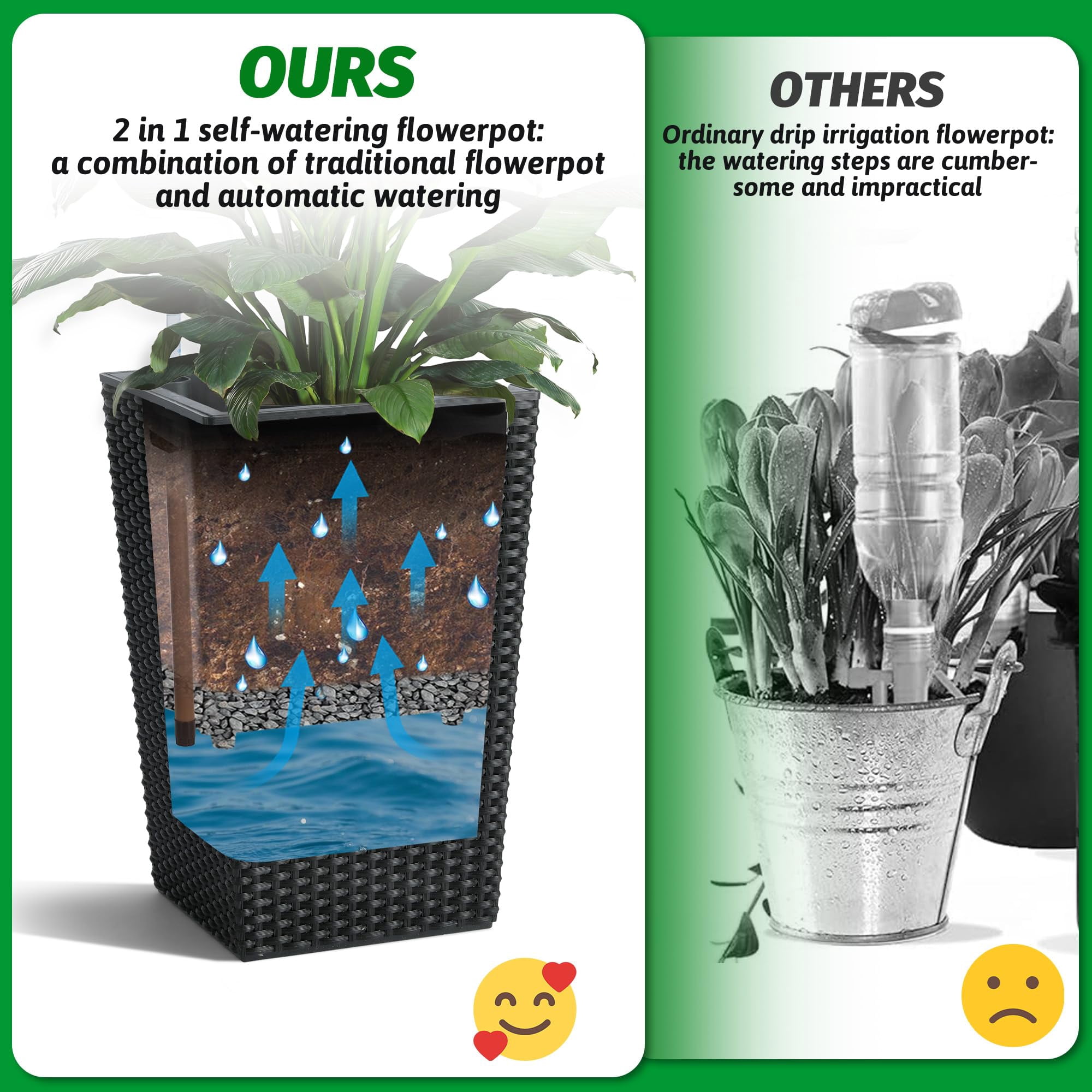 Tall Planters with Rattan Texture, Set of 2, Indoor/Outdoor Decorative Flower Pots with Water Level Monitor, Detachable Inner Pot & Drainage Holes for Large Plants, Trees, Patio, and Garden