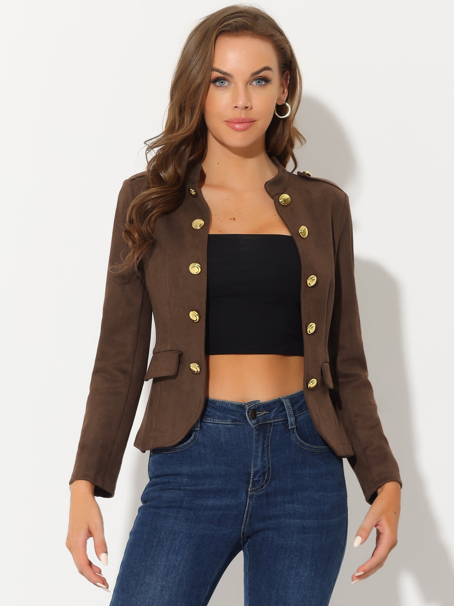 DARING DIVA Faux Suede Long Sleeve Button Decor Steampunk Jacket M Coffee