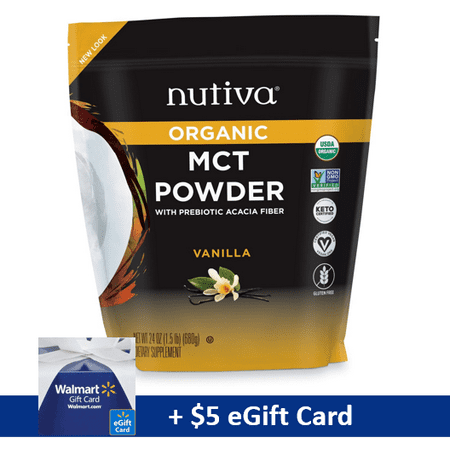 Nutiva Organic MCT Powder With Prebiotic Acacia Fiber, Vanilla, 24 Oz Pouch, with FREE $5 eGift Card Promo