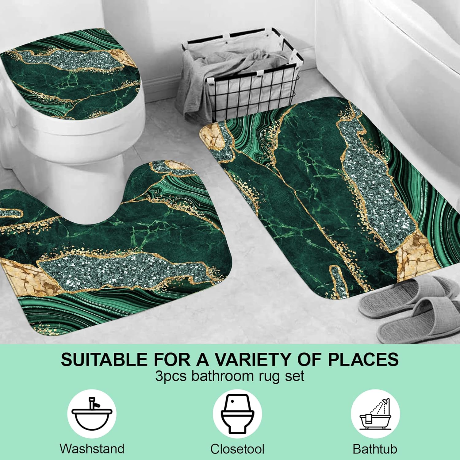4PCS Marble Shower Curtain Sets, Modern Bathroom Sets With Toilet Lid Rug, Contour and Bath Mat, Luxury Bathroom Decor with 12 Hooks