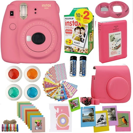Fujifilm Instax Mini 9 Instant Camera Flamingo Pink + Fuji Instax Film Twin Pack (20PK) + Camera Case + Frames + Photo Album + 4 Color Filters And More Top Accessories (Fuji X100 Best Price)