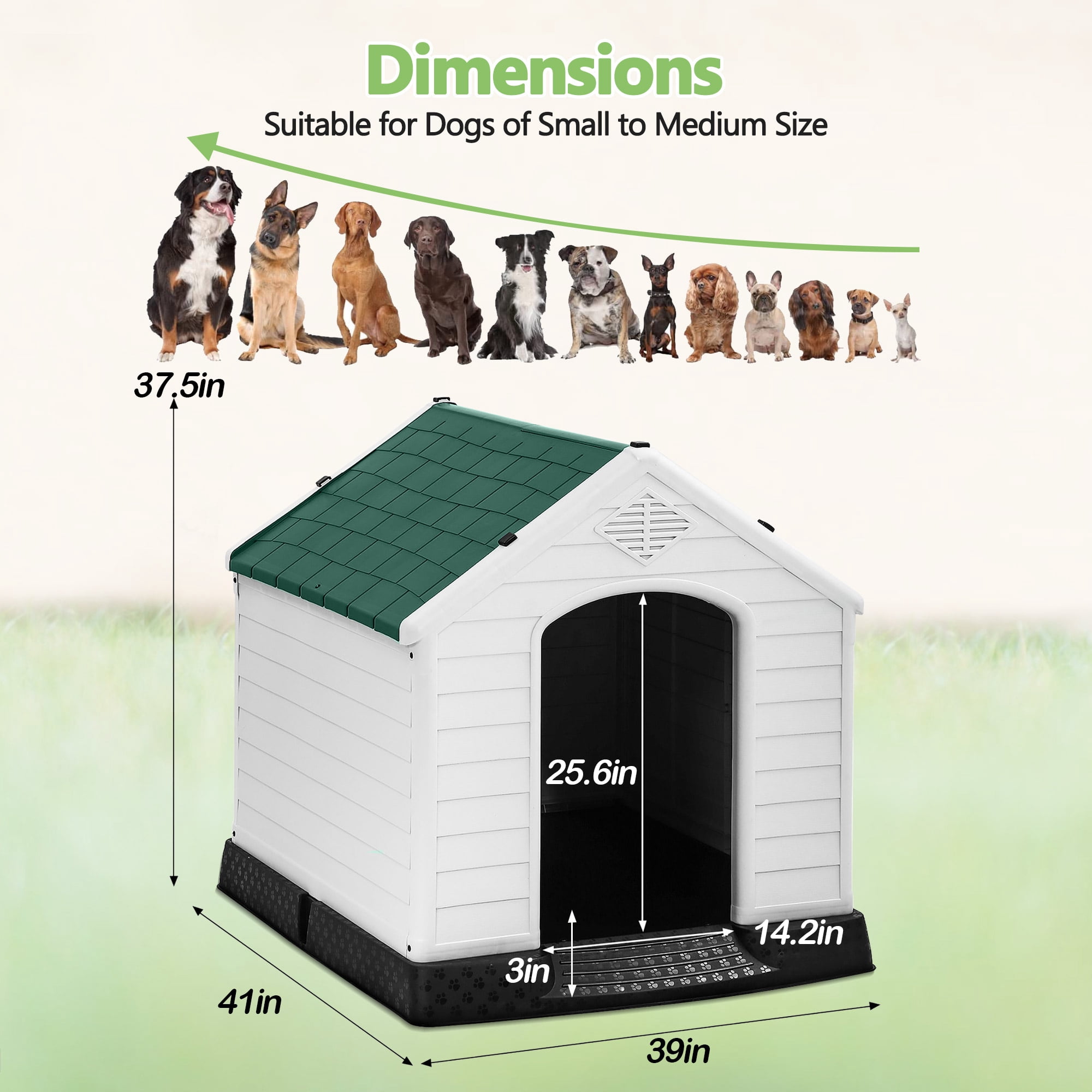 CL.HPAHKL Large Dog House Indoor Outdoor, Plastic Dog House for Small to Large Siza Dogs Durable Waterproof Doghouse with Elevated Floor and Air Vents, Easy to Clean (39" L x 41" W x 37.5" H, Green)