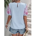 thumbnail image 6 of Dycnvjo Women Floral Embroidered Textured Tops Crewneck Puff Short Sleeve Casual Loose Solid Embroidery Blouses Shirts Blue M, 6 of 8