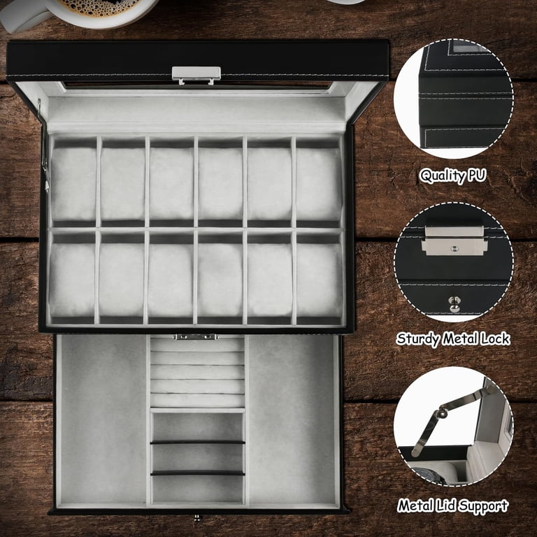 Bibana 12-Slot Watch Box with Glass Lid & Lock photo 2