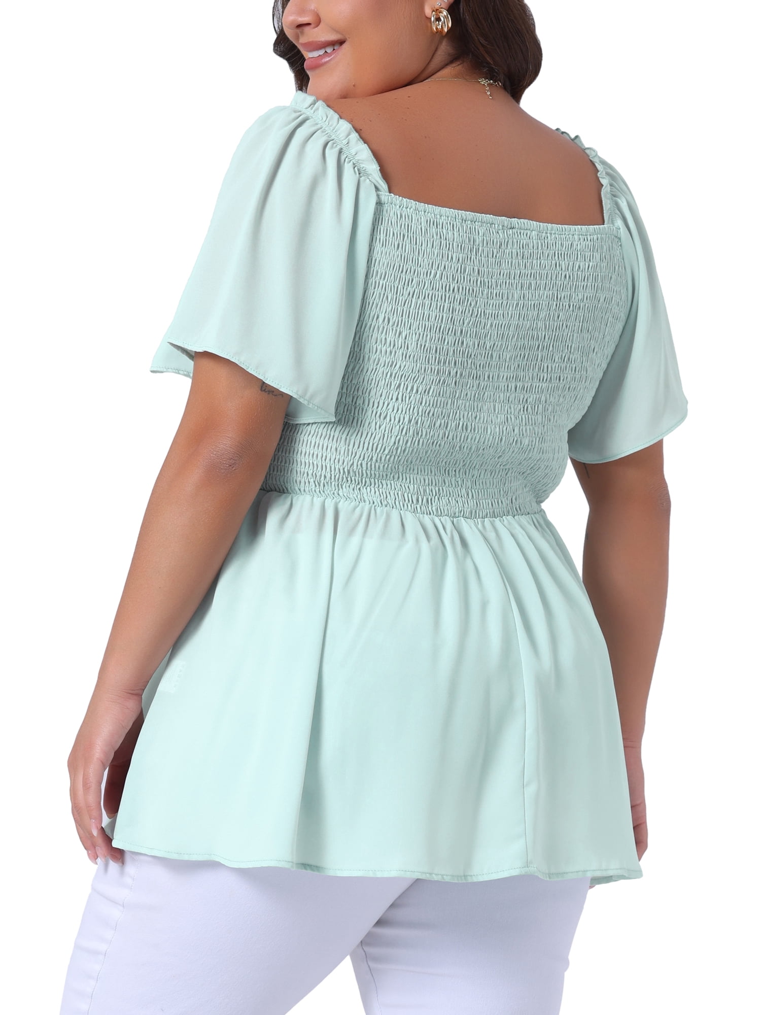 DARING DIVA Women's Plus Square Neck Ruffle Hem Blouse 4X Light Green