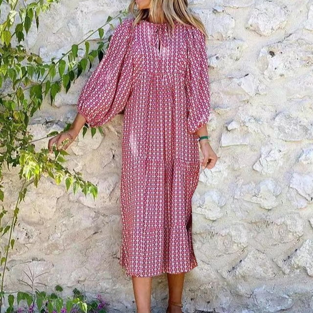 LSLJS Robe pour Femme à Imprimé Géométrique à Manches Bouffantes Robe Grande Taille