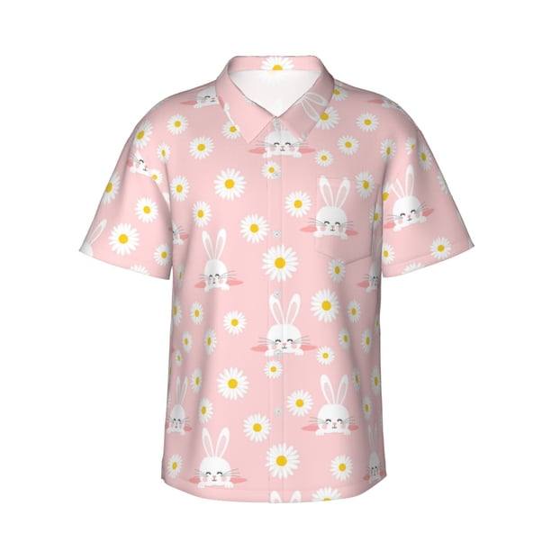 Balery Rabbit Sunflower Camisas hawaianas de manga corta para hombre, camisas playeras de corte holgado, camisas de vacaciones con botones,3X-Large