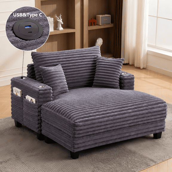 AIKEMING 64" Oversized Chaise Lounge Indoor Furniture, Deep Seat with USB & Type-C Charging, 2 Cup Holders & 4 Pockets, Comfy Cloud Floor Sofa Bed for Living Room