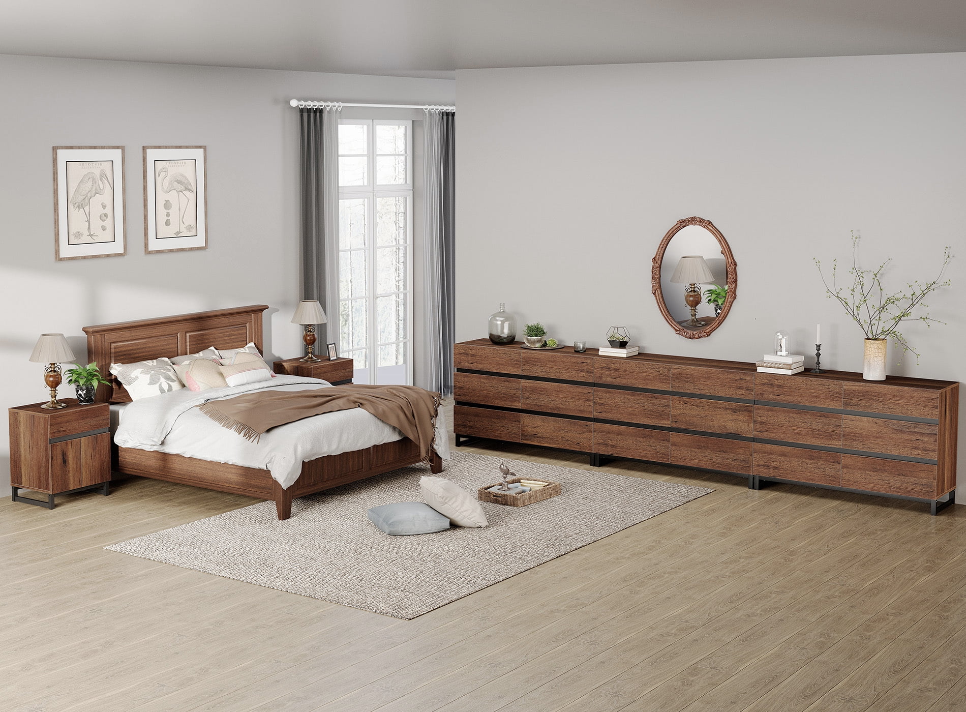 WAMPAT Modern 5-Piece Bedroom Furniture Set, 142 Inch Dresser with 18 Drawers & 2 Nightstands with Drawer and Cabinet Design, Brown
