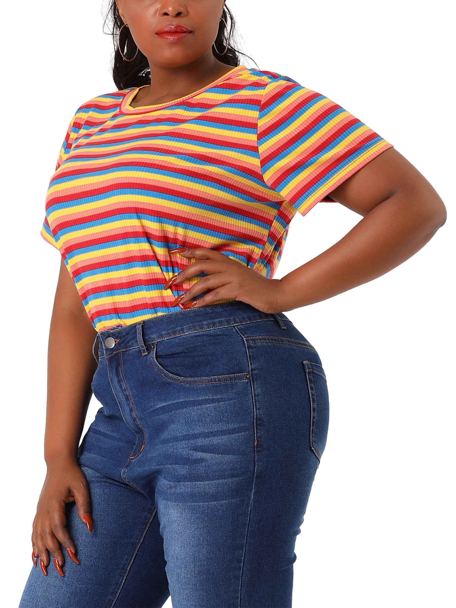 Unique Bargains Women's Plus Size Short Sleeve Crew Neck Striped Top 1X Rainbow