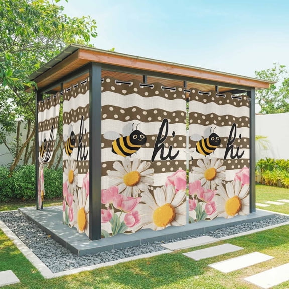 2 Panels Outdoor Curtains for Patio Waterproof 54"x108" Spring Bees Daisy Weatherproof Privacy Outsides Curtains, Rustic Tulips Dots Brown Striped Burlap Grommet Thermal Drapes for Cabana Porch