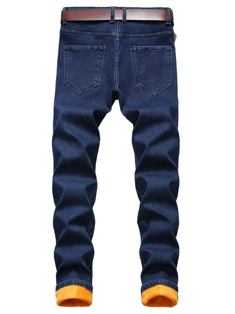 Frontwalk Men Denim Pants Thicken Plush Trousers Mid Waist