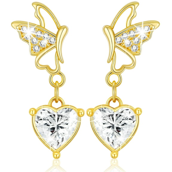 APSVO 18K Gold Plated Butterfly Heart Drop Earrings for Women Girls Hypoallergenic Post April Birthstone Earrings Birthday Mothers Day Graduation Jewelry Gifts Teen Her Kids Adults Age Ideas
