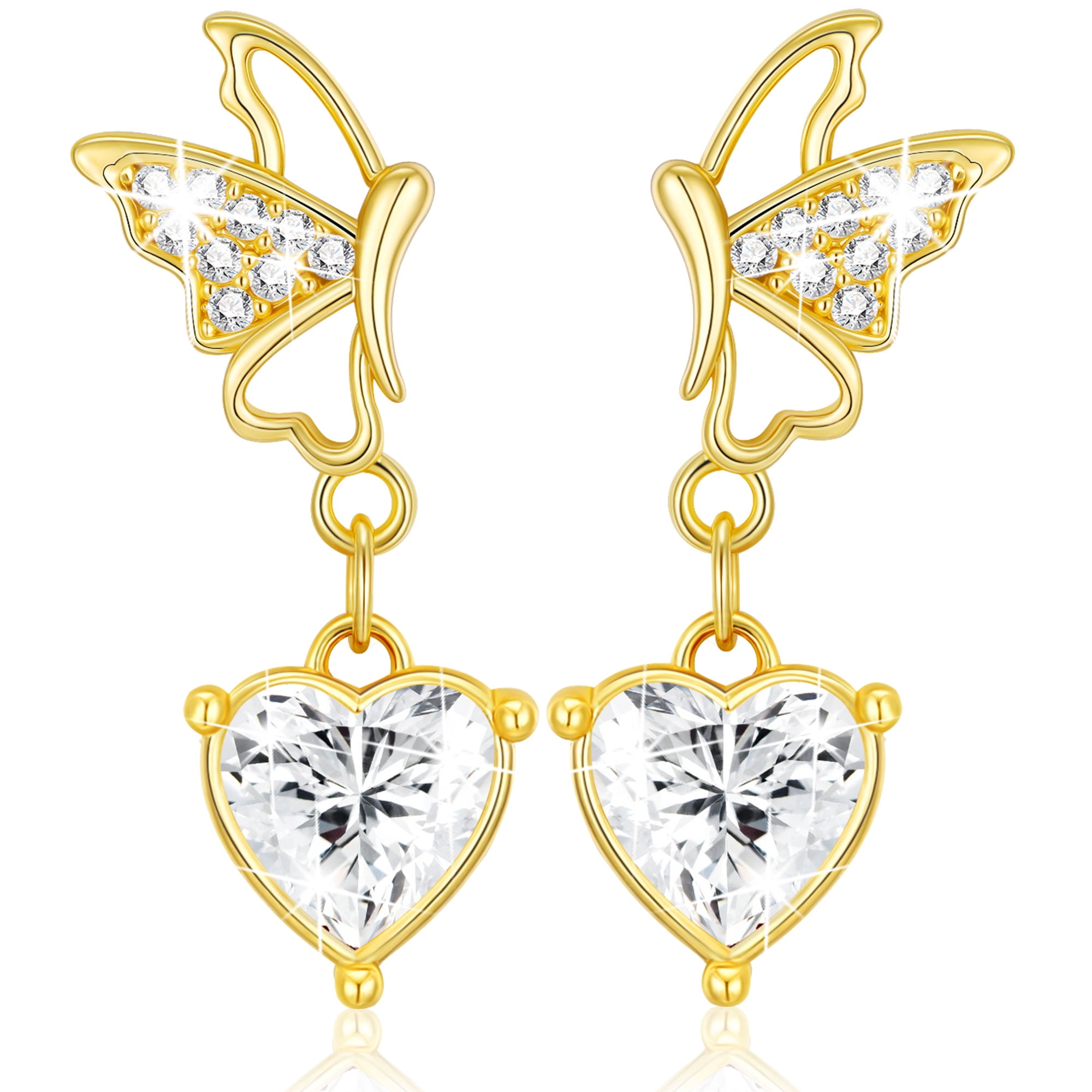 APSVO 18K Gold Plated Butterfly Heart Drop Earrings for Women Girls Hypoallergenic Post April Birthstone Earrings Birthday Graduation Graduation Jewelry Gifts Teen Her Kids Adults Age Ideas