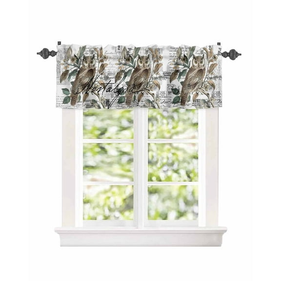 Curtain Valance for Windows Cute Owl Bird on Branch Kitchen Valances Rod Pocket Short Curtains,Wild Animal Retro Letter Back Window Treatment Panel for Living Room Bathroom Bedroom 54x18in