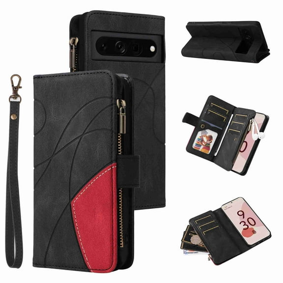Zipper Wallet Case for Google Pixel 7 Pro Large Capacity Card Slots Holder Magnetic Clasp Cover, Luxury PU Leather Anti-Shock Flip Folio Case with Kickstand Wrist Strap Handbag Case,Black