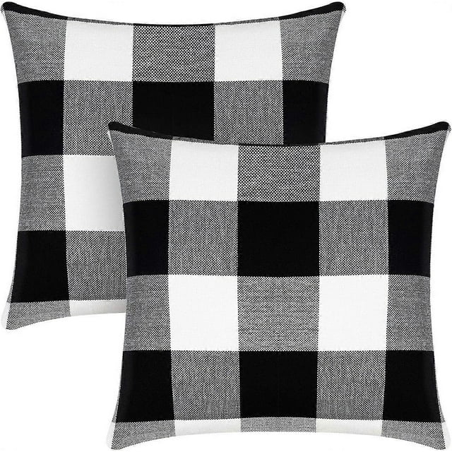 Juego de 2 fundas de almohada con diseño de cuadros de búfalo, cuadradas, estilo rústico, para exteriores, de lino y algodón en blanco y negro, para decoración del hogar, Pascua y coche.