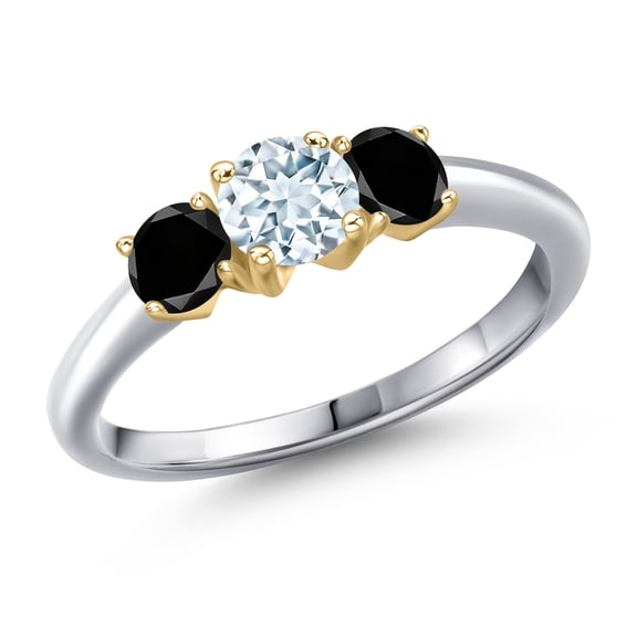 Gem Stone King 10K Two Tone Gold Sky Blue Aquamarine and Black Diamond Engagement Ring for Women | 1.04 Cttw | Round 5MM | Gemstone March Birthstone | Size 7