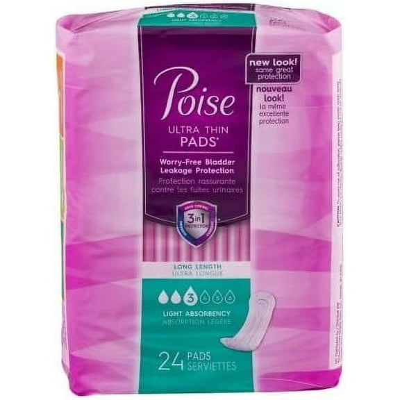 Poise Ultra Thin Pads Long Length Light Absorbency 24 Count (2 Pack)