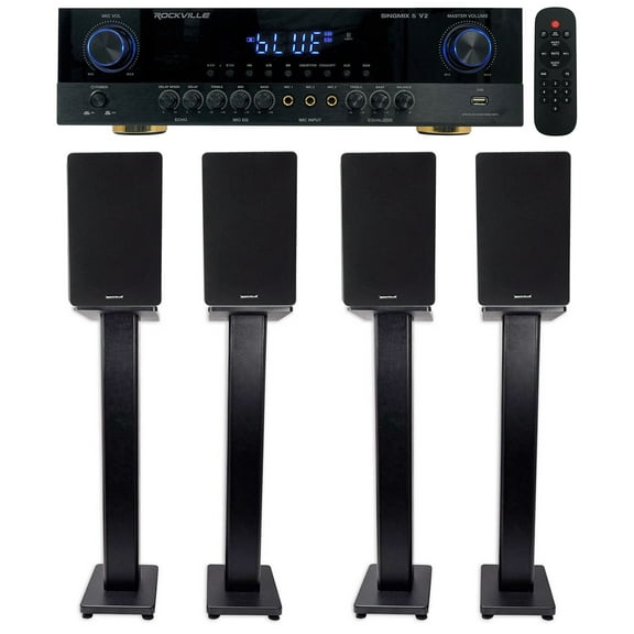 Rockville SINGMIX 5 Bluetooth Home Receiver (4) 6.5" Bookshelf Speakers Stands