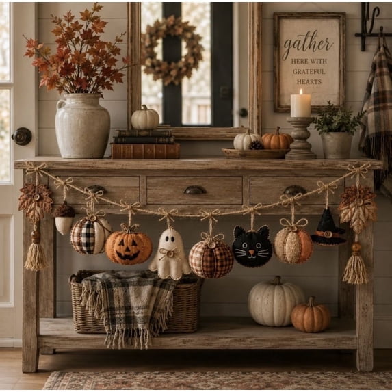 61" Fall Fabric Garland with Pumpkins Ghost Black Cat, Farmhouse Autumn Hanging Decor for Mantel, Fireplace, Porch, Fall Harvest Thanksgiving Decor