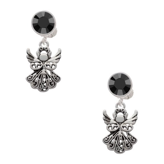 Delight Jewelry Silvertone Angel Black Crystal Clip on Earrings