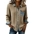 thumbnail image 3 of Women's Denim Patchwork Long Sleeve Shirt, Knit Collar Button Down Blouse, Casual Chic Pullover Top for Daily Wear, Weekend Outings and Easy Styling Khaki L, 3 of 10