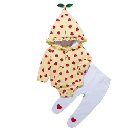 

Honeeladyy Infant Baby Girls Long Sleeve Cartoon Strawberry Hooded Romper + Heart Pants Set Yellow