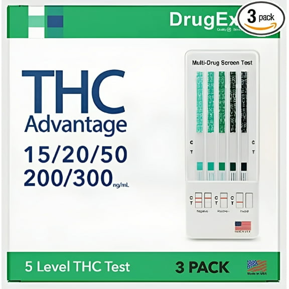 DrugExam THC Advantage Made in USA Multi Level Marijuana Home Urine Test Kit. Highly Sensitive THC 5 Level Drug Test Kit. Detects at 15 ng/mL, 20 ng/mL, 50 ng/mL, 200 ng/mL, and 300 ng/mL, 3 Pack
