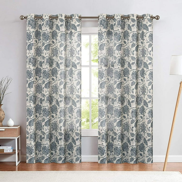 JINCHAN Linen Floral Printed Curtains Grommet Top Scroll Medallion