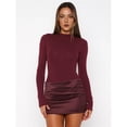 thumbnail image 4 of Women's Patchwork Bodycon Sleeve Ruched Bodycon Work Mini Dress Wine Red L, 4 of 10