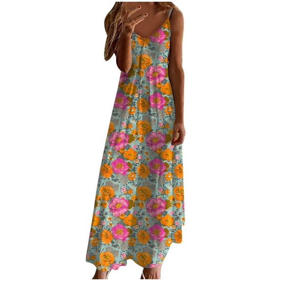 Ruimatai Women's Summer Crew Neck Sleeveless Dress Casual Flowy Long Dress with Floral Print Lightweight Comfortable Beach Vacation Sundress