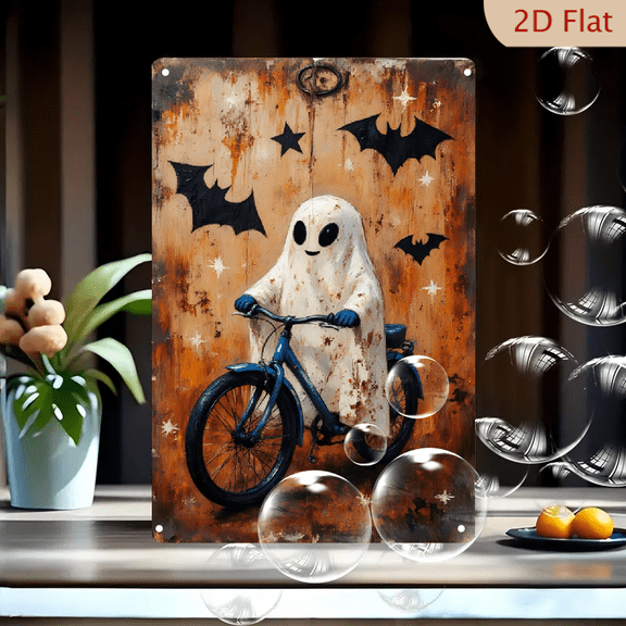 Halloween Rustic Metal Wall Art 8x12, Vintage Ghost Riding Blue Bicycle with Bats and Stars, Playful Spooky Home Decor for Party