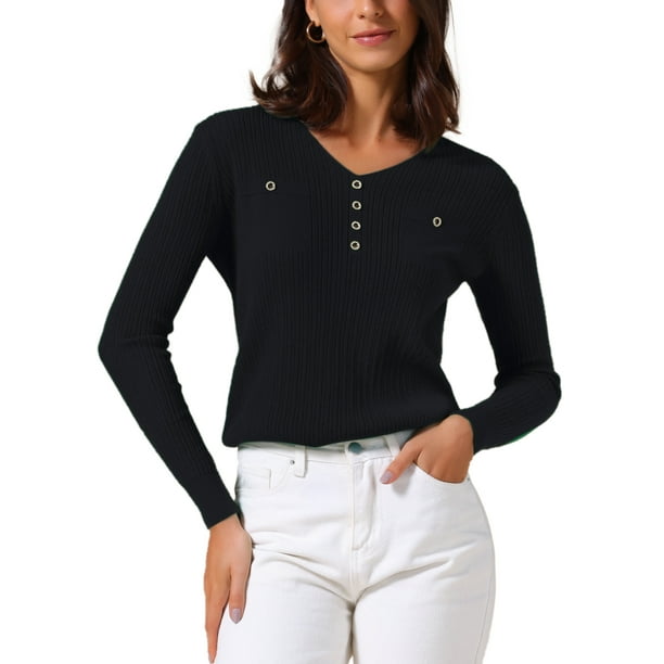 INSPIRAR CHIC Blusa de Mujer Otoño Invierno de Manga Larga Cuello en V Elegante Tops de Punto Acanalado S Negro